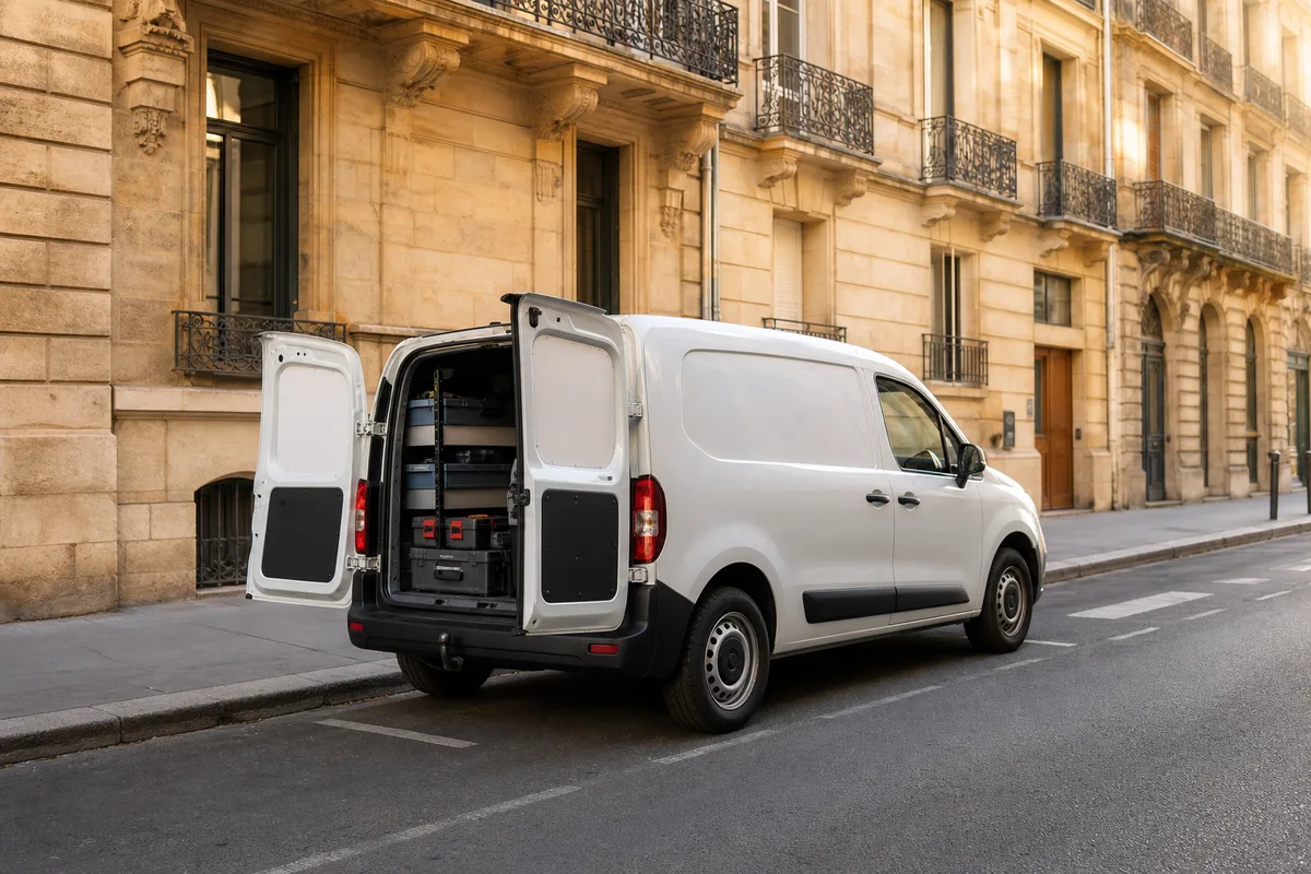 Camion d’intervention de plomberie stationné dans une rue de la Presqu’île à Lyon