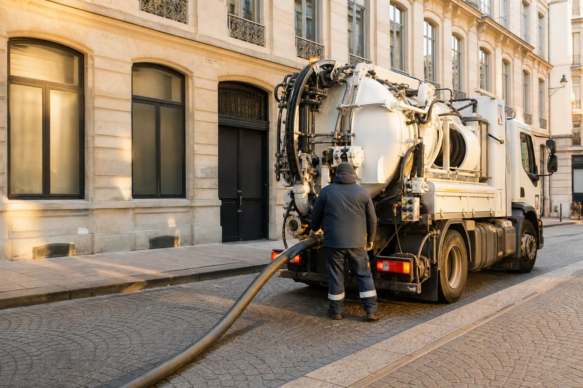 Camion hydrocureur stationné dans une rue pavée du centre de Lyon
