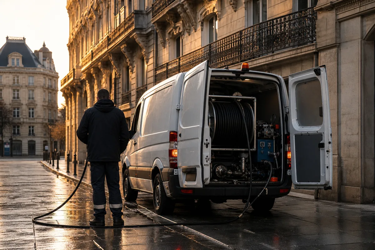 Camion d&rsquo;intervention de plomberie stationné le long d&rsquo;un immeuble haussmannien de la Presqu&rsquo;île lyonnaise, matériel d&rsquo;hydrocurage à l&rsquo;arrière, fin de journée