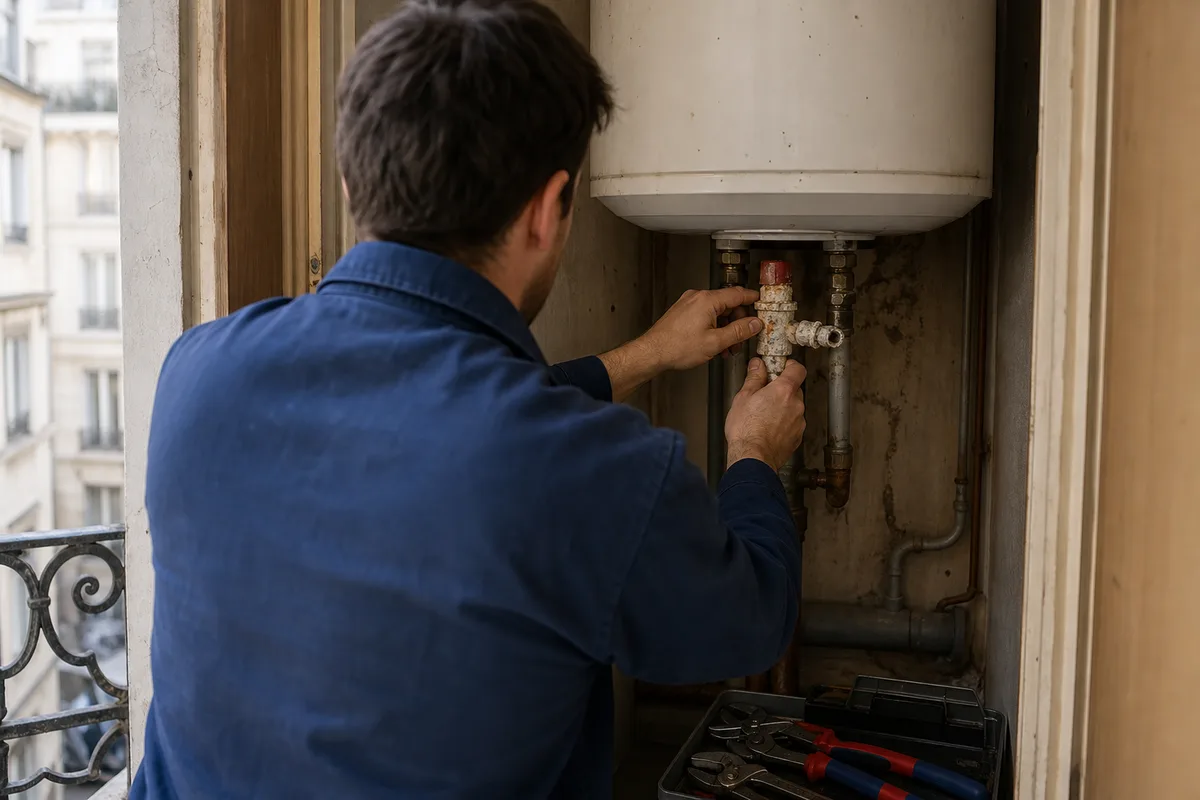 Plombier intervenant sur un chauffe-eau entartré dans un logement lyonnais ancien