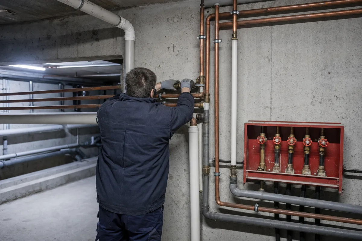 Colonnes d&rsquo;alimentation en cuivre le long d&rsquo;un mur béton dans le sous-sol d&rsquo;une copropriété des années 70 à Bron