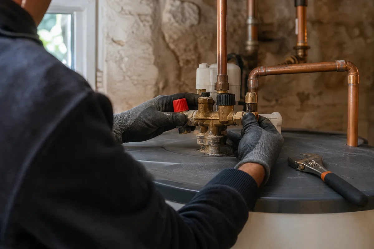 Plombier contrôlant le groupe de sécurité d’un chauffe-eau dans le sous-sol d’une maison du Val de Saône