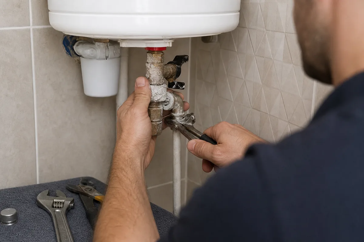 Mains d’un plombier démontant le groupe de sécurité entartré d’un chauffe-eau dans une salle de bains lyonnaise