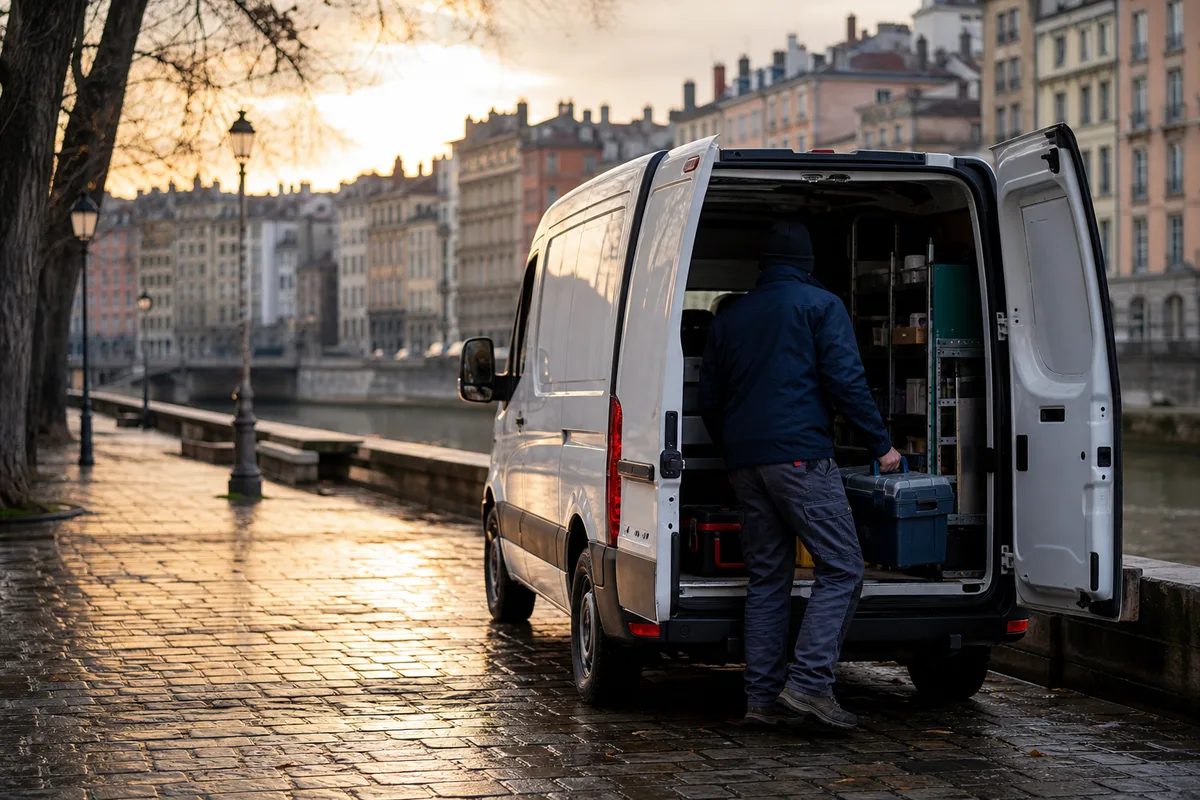 Camion d’intervention de plomberie stationné sur un quai de Saône à Lyon