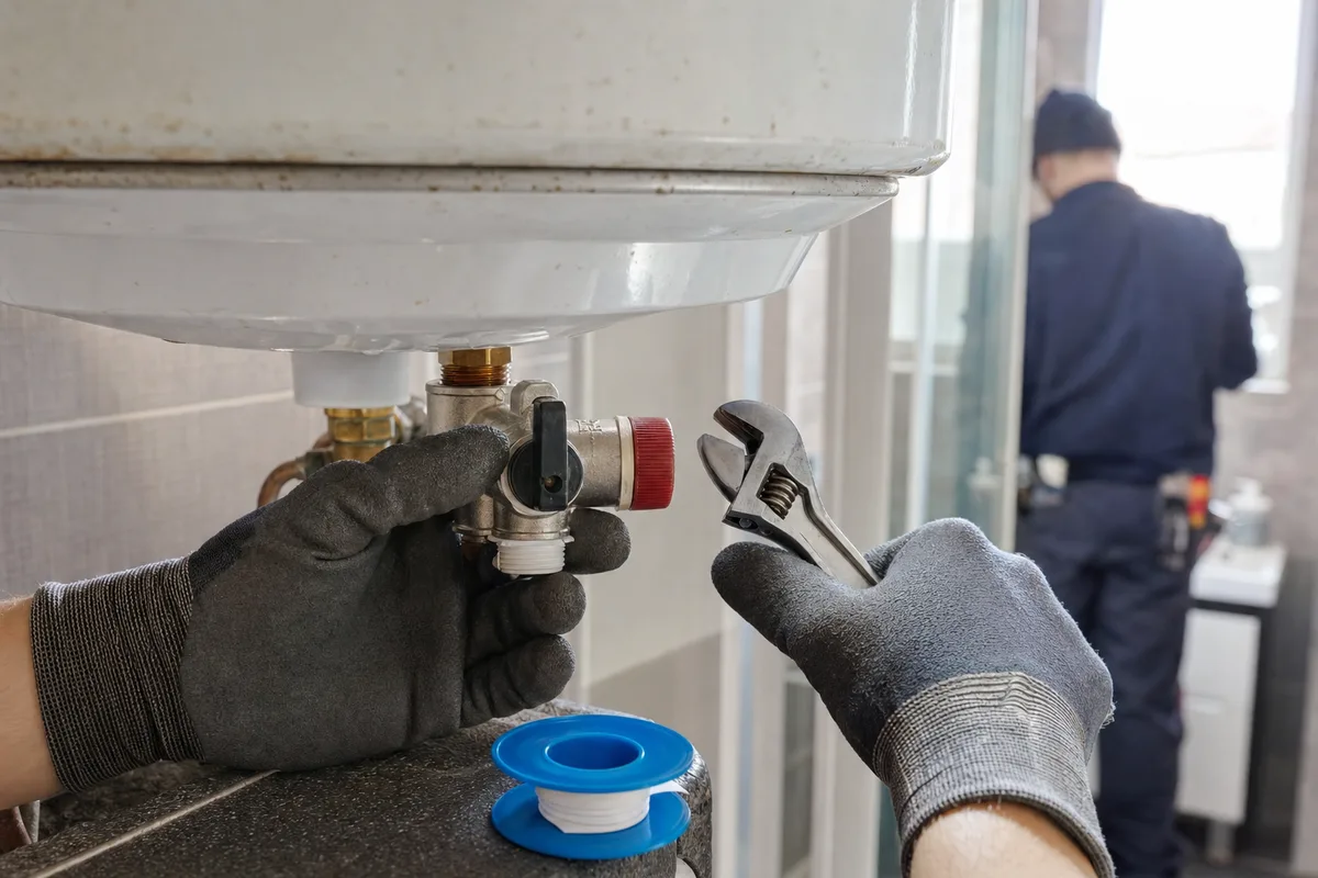 Mains gantées d’un plombier remplaçant le groupe de sécurité d’un chauffe-eau électrique