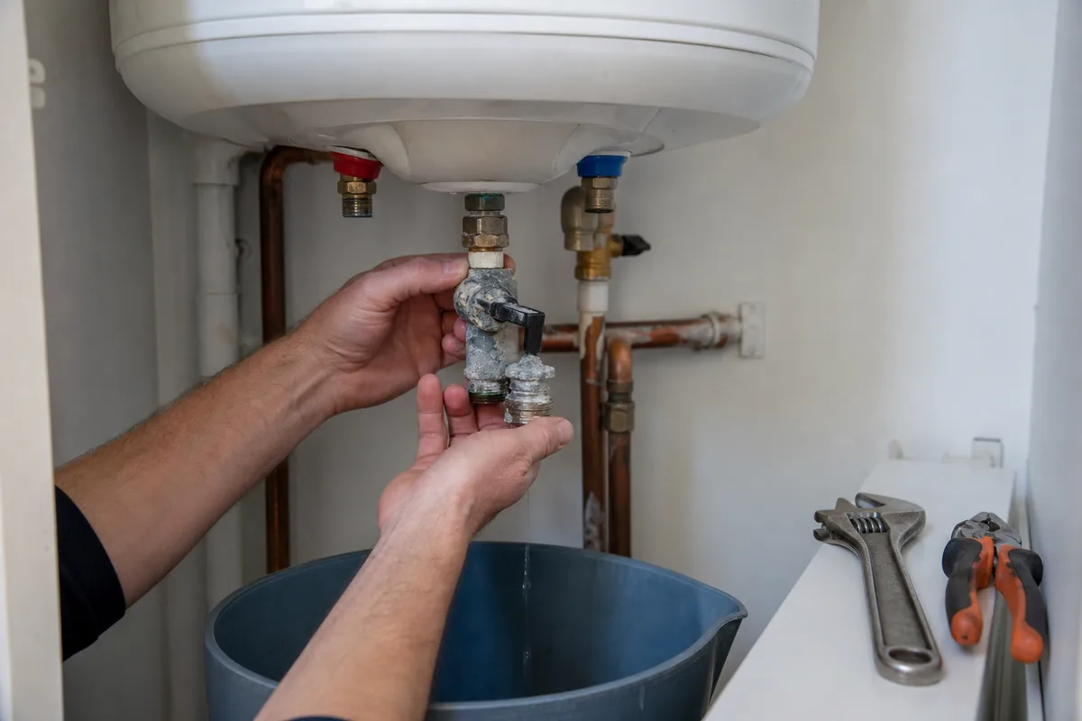 Plombier remplaçant le groupe de sécurité entartré d’un chauffe-eau dans un placard technique d’appartement lyonnais