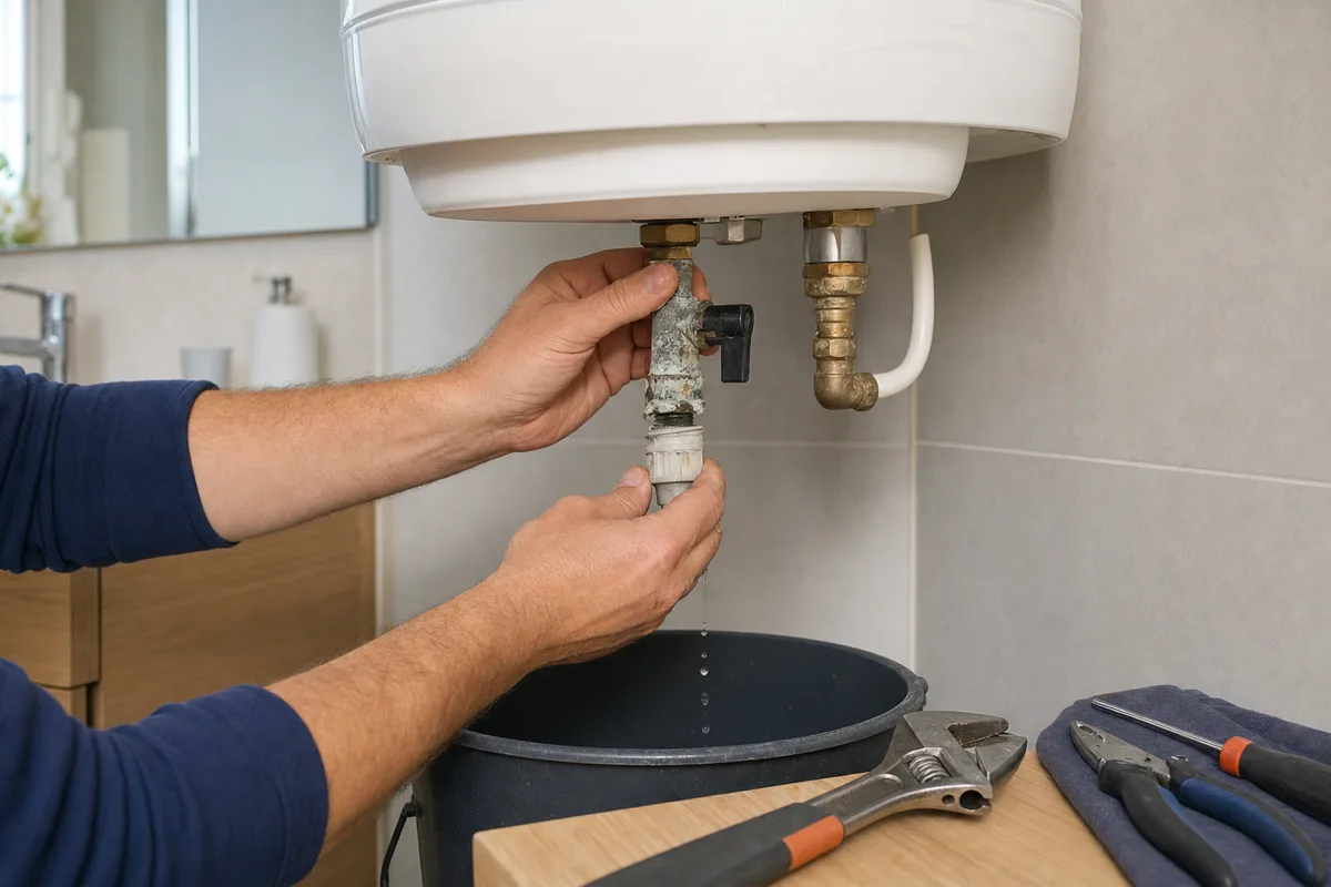 Plombier remplaçant le groupe de sécurité d’un chauffe-eau dans une salle de bains d’appartement lyonnais