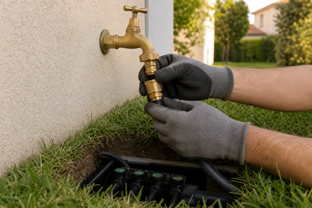 Rue pavillonnaire de l’est lyonnais avec robinet extérieur et réseau d’arrosage d’un jardin de lotissement