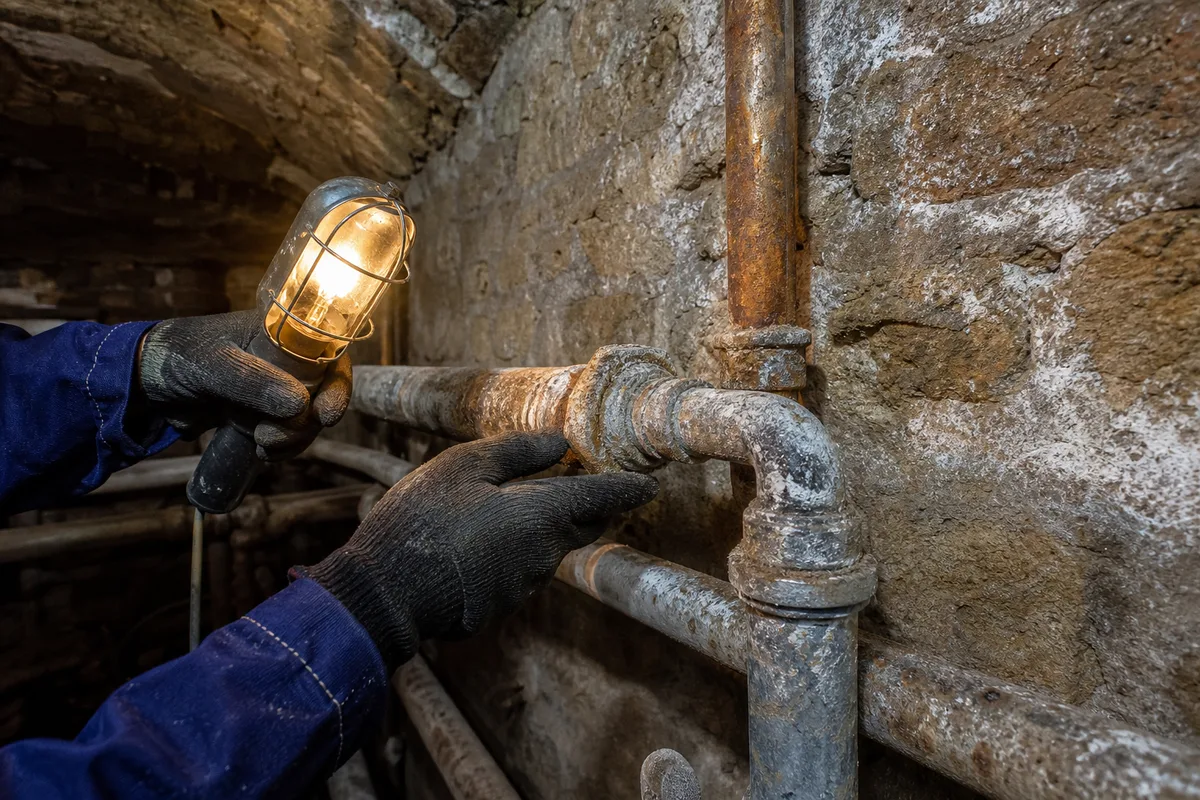 Vieilles canalisations en plomb et acier galvanisé entartrées dans la cave d&rsquo;une maison ancienne de Neuville-sur-Saône