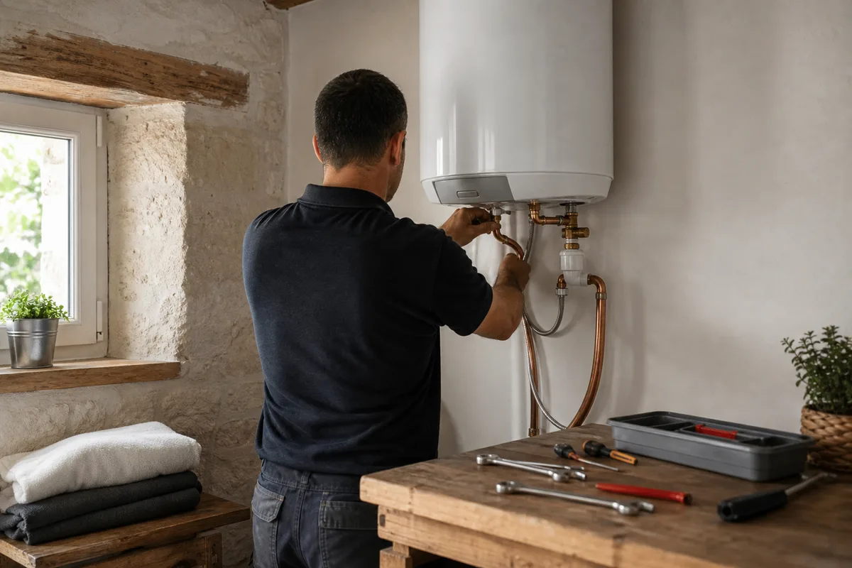 Plombier remplaçant un chauffe-eau et son groupe de sécurité dans la buanderie d&rsquo;un logement du Val de Saône