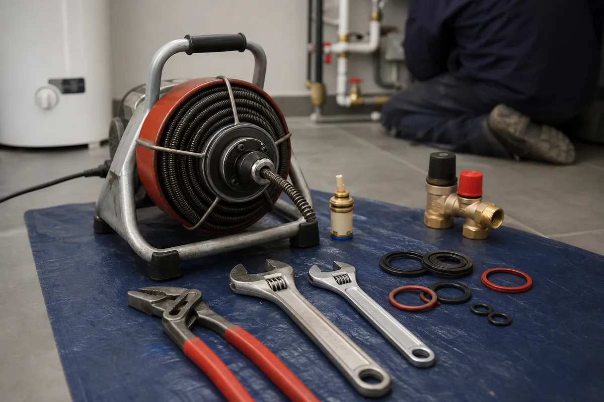 Établi de plombier avec furet électrique et outillage propre posé au sol dans un local technique d&rsquo;immeuble