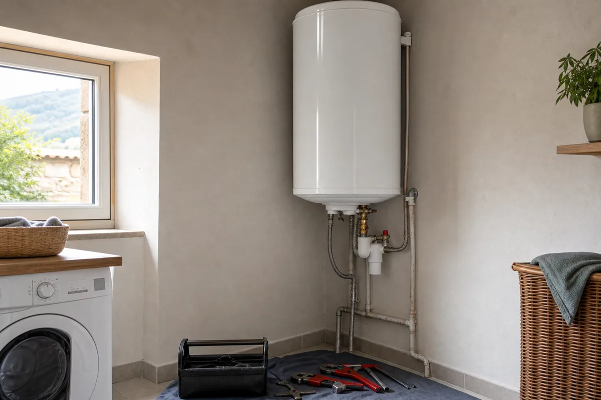 Chauffe-eau électrique entartré dans une buanderie avec son groupe de sécurité et de l’outillage de plombier posé au sol