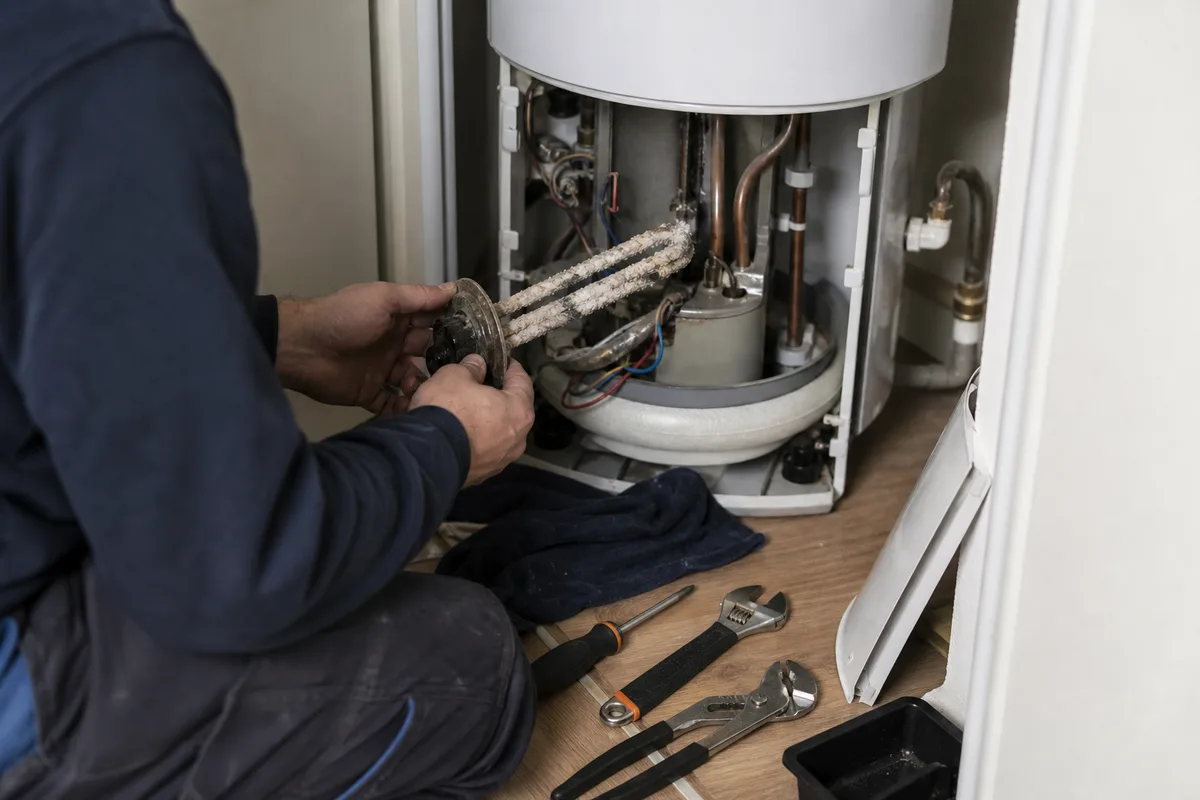 Chauffe-eau électrique ouvert pour le remplacement d’une résistance entartrée dans un placard technique d’appartement lyonnais