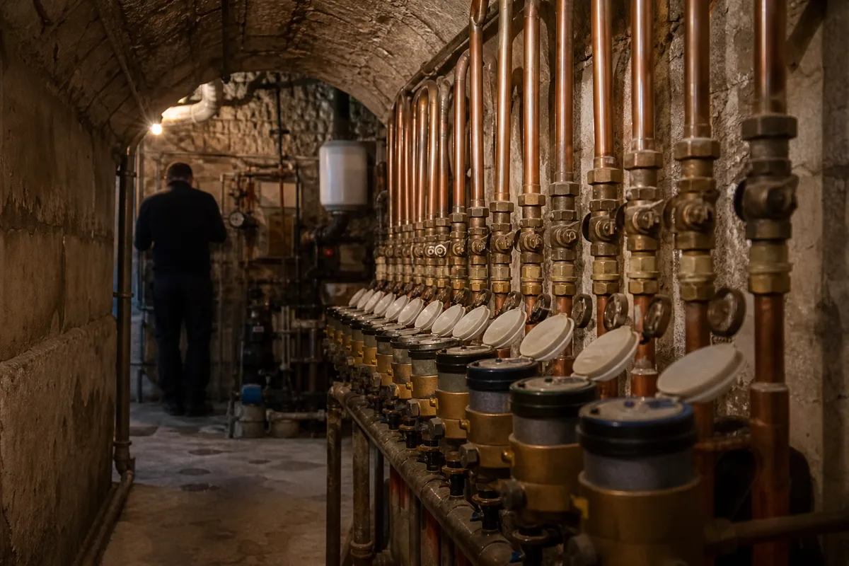Colonnes montantes d’eau et compteurs dans la cave voûtée d’un immeuble ancien de la Presqu’île lyonnaise