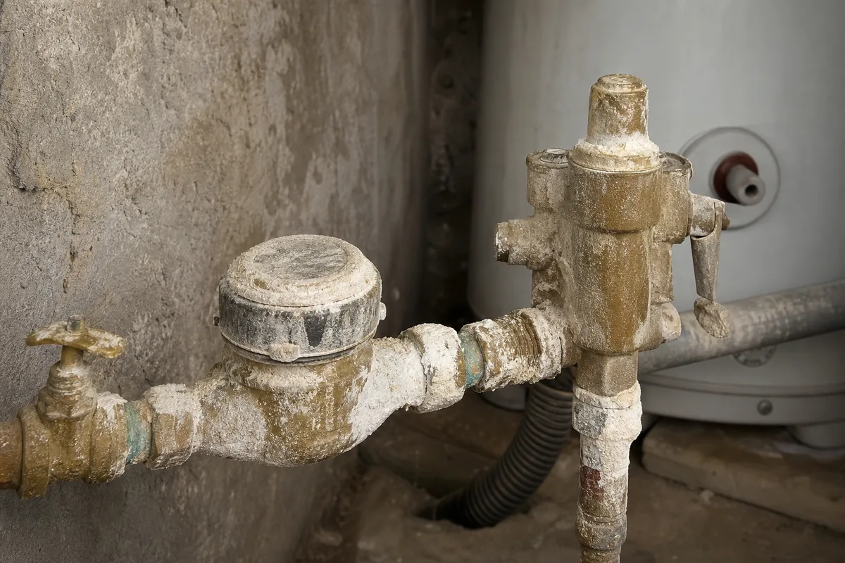 Compteur d’eau et groupe de sécurité entartrés par le calcaire dans un local technique d’immeuble lyonnais